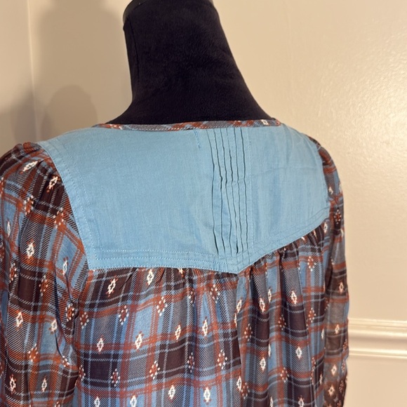 DejaVu Boho Plaid Embroidered Tunic Top Blue Brown western Peasant Large - Picture 11 of 13